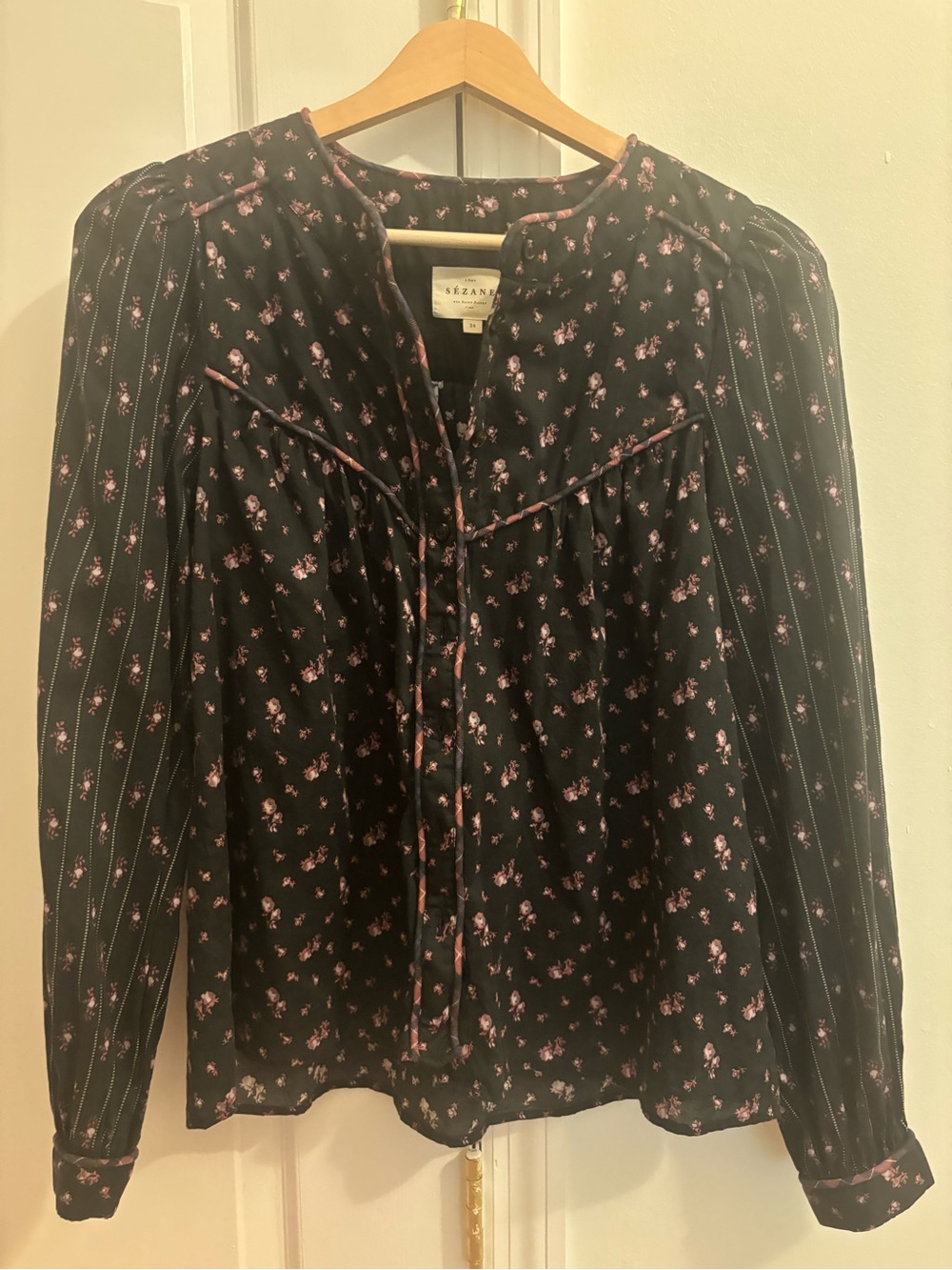 Sezane Black Blouse with Pink Floral Print and Tie Neck